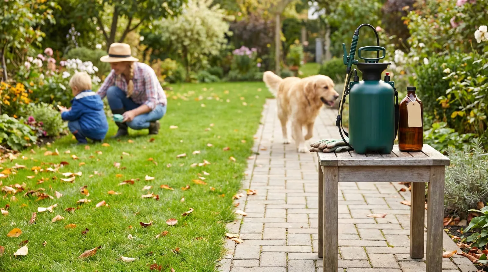 Pessoa aplica produto no jardim com pulverizador enquanto um cachorro caminha a distância segura.