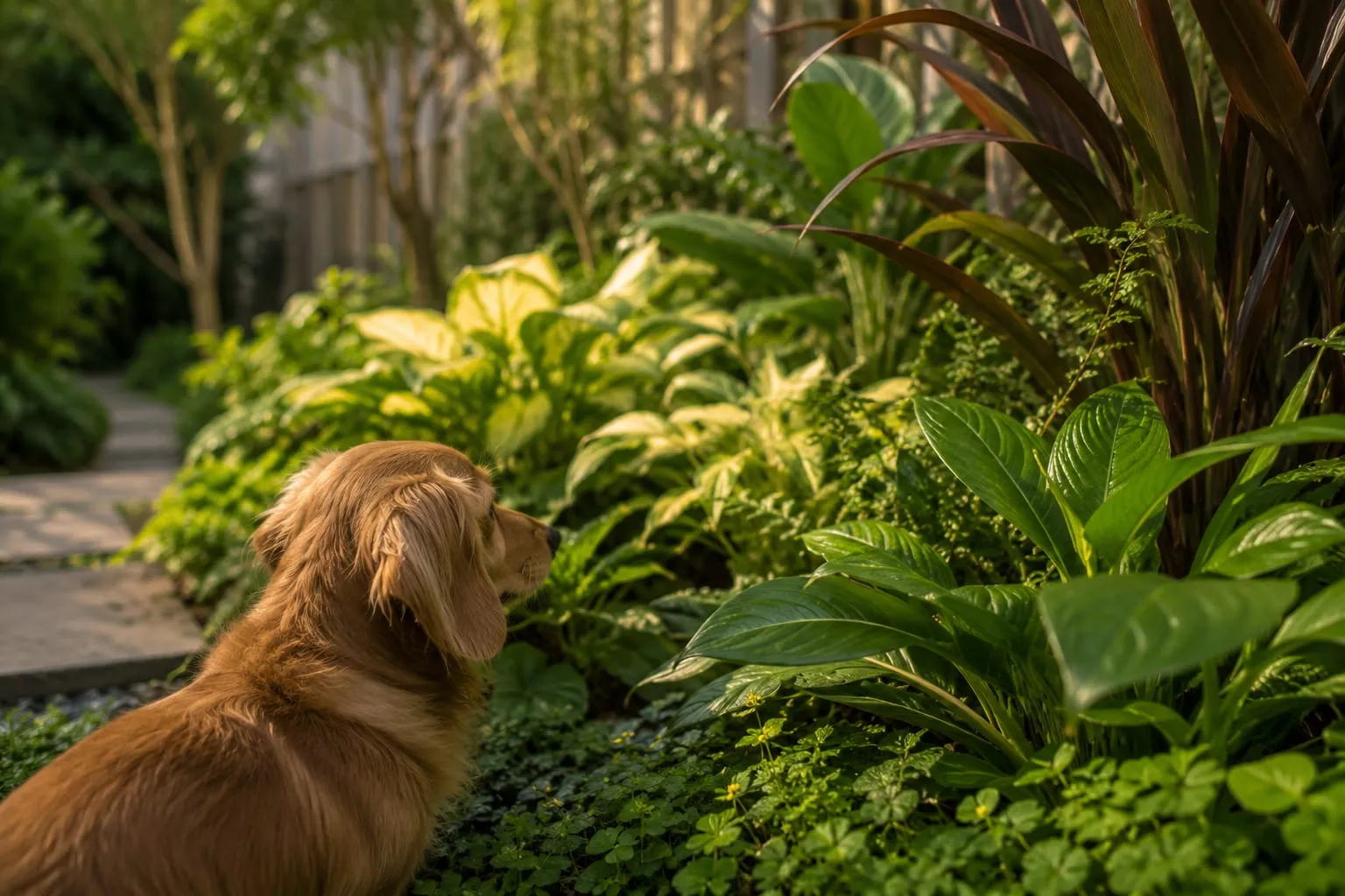 Cachorro golden retriever observando de perto um canteiro cheio de hostas e folhagens variadas.