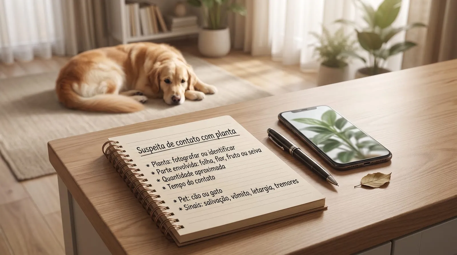 Caderno com uma lista de verificação para suspeita de contato com planta: qual planta, parte envolvida, quantidade aproximada, tempo de contato, espécie do pet e sinais observados.