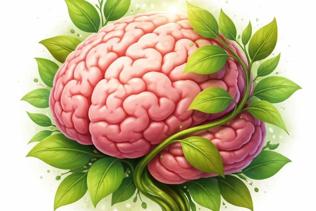 Ilustração de um cérebro envolvido por folhas e ramos, representando o efeito de plantas neurotóxicas no sistema nervoso.