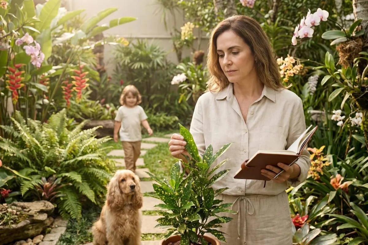 Mulher observa uma planta em vaso enquanto uma criança e um cachorro caminham por um jardim florido ao fundo.
