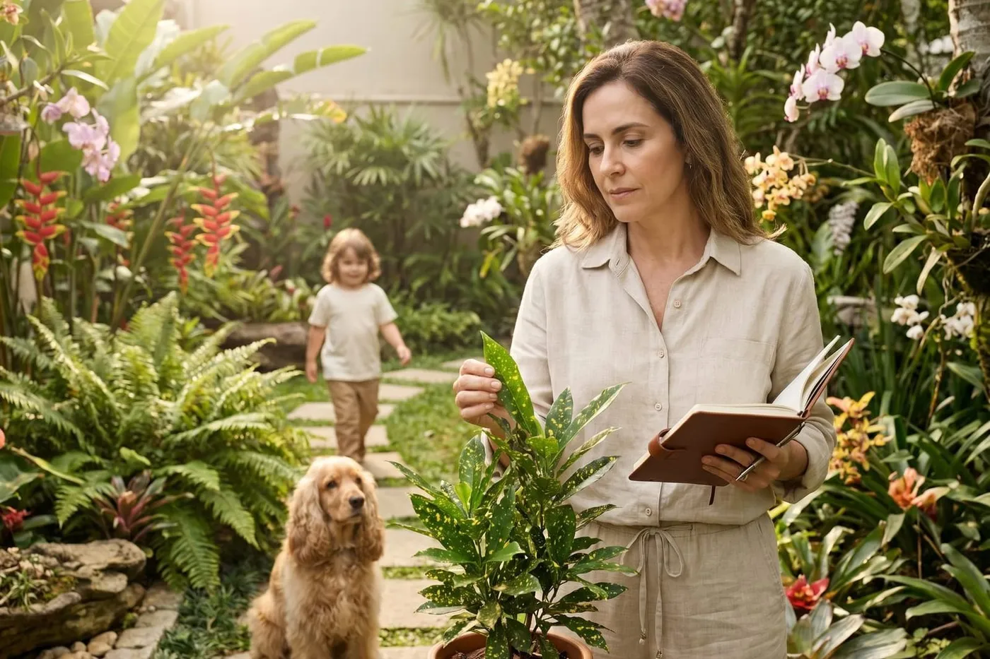 Mulher observa uma planta em vaso enquanto uma criança e um cachorro caminham por um jardim florido ao fundo.