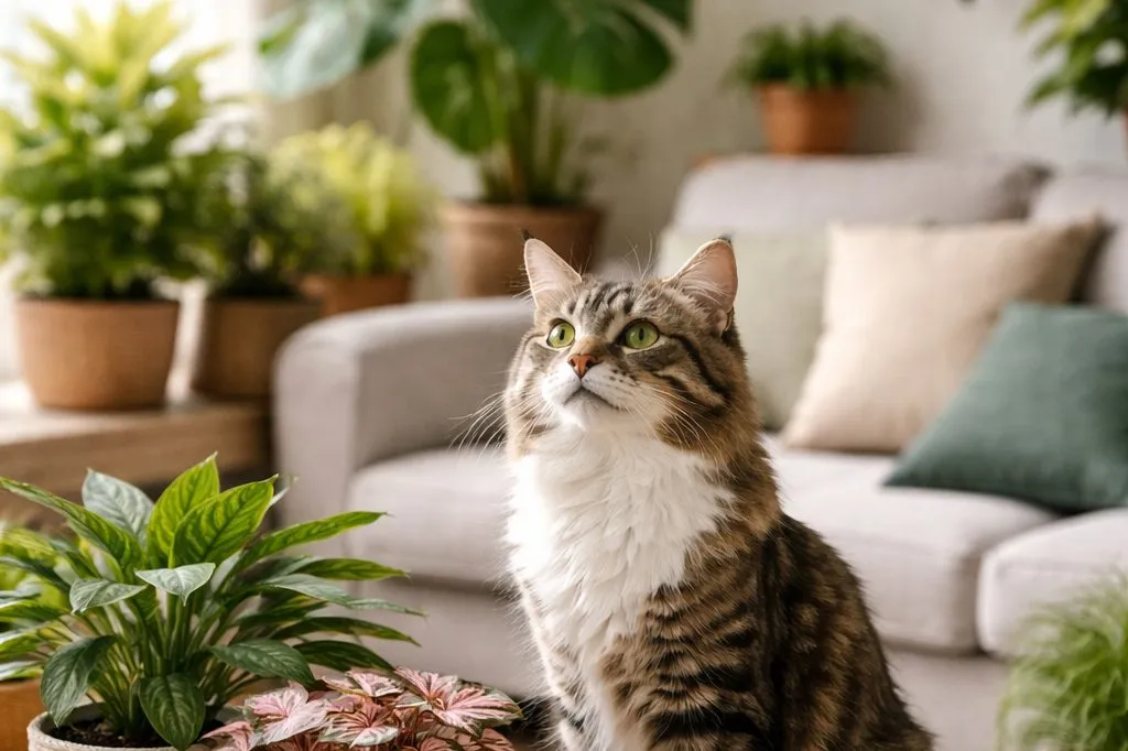 Ambiente interno com plantas ornamentais e presença de gato, ilustrando a convivência entre pets e plantas e a importância de avaliar a toxicidade vegetal.
