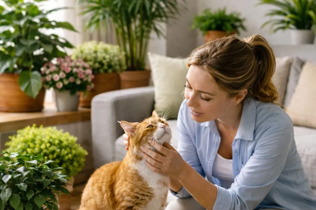 Tutora acariciando um gato em uma sala com várias plantas, ao lado de um kit de primeiros socorros.