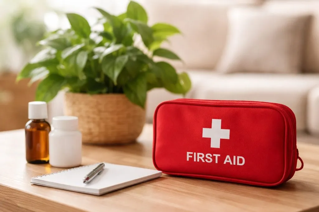 Kit de primeiros socorros, frascos de medicamento e um caderno sobre a mesa, com uma planta em vaso ao fundo.
