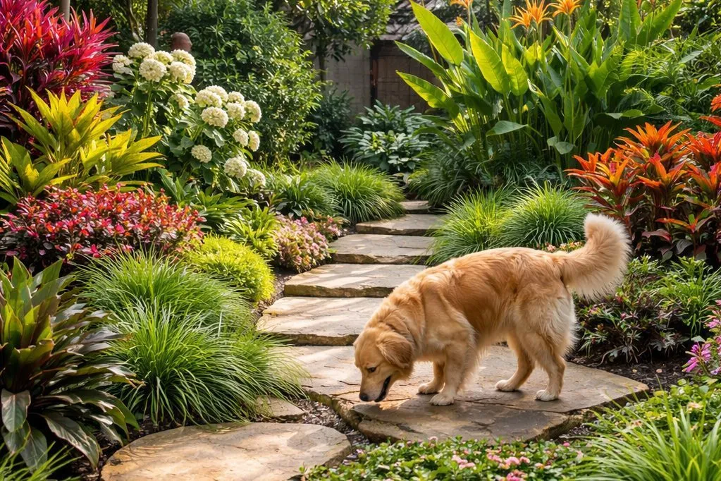 jardim residencial com plantas ornamentais e animal doméstico explorando o ambiente