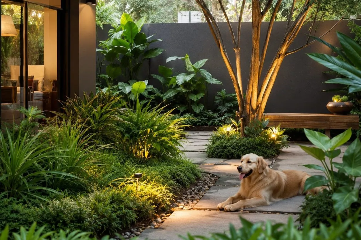 Cachorro dourado descansando ao entardecer em um jardim bem paisagístico, com iluminação embutida entre as plantas.