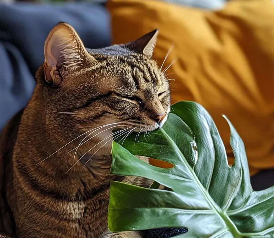 gato comendo planta ornamental