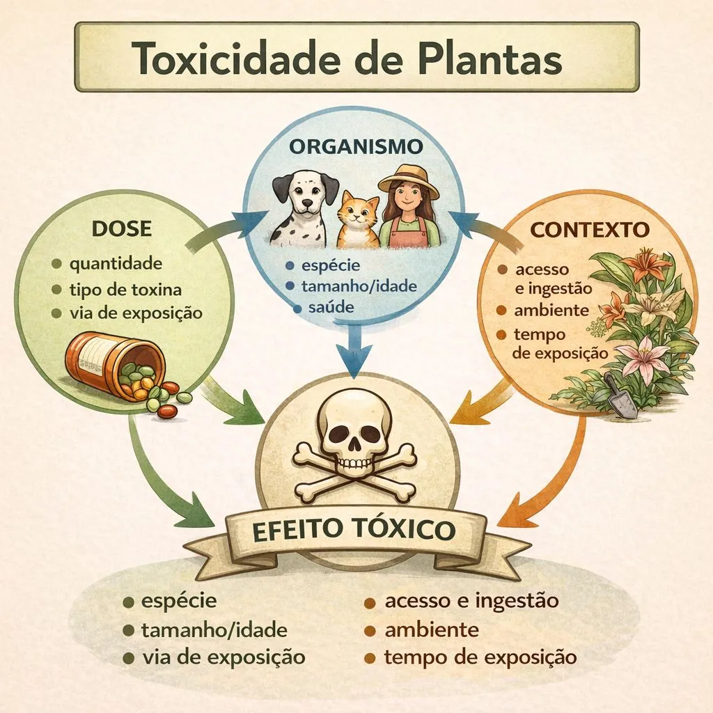 diagrama mostrando relação entre dose, organismo e contexto na toxicidade de plantas
