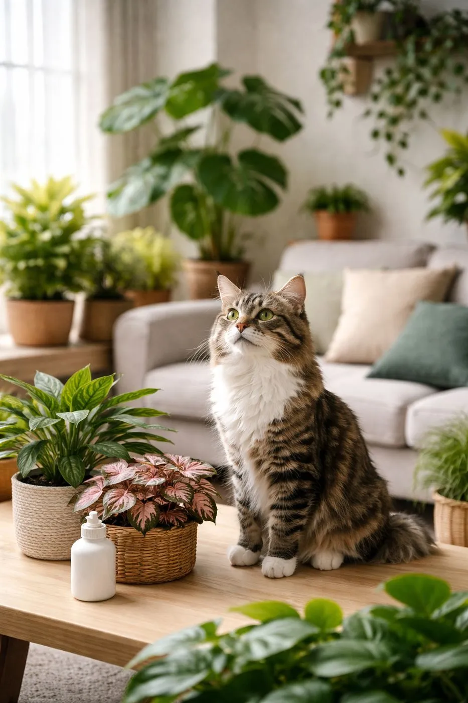 composição visual com planta, gato e elementos de rotina ambiental